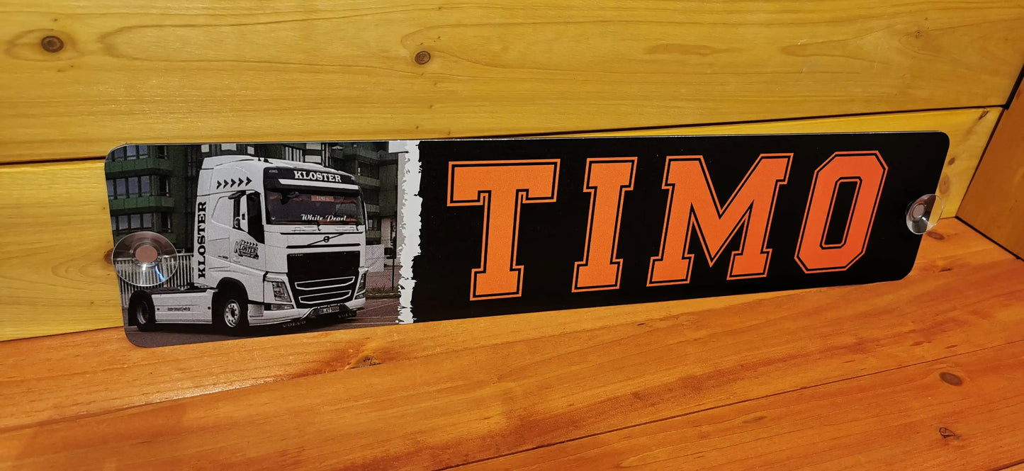 Custom LKW nameplate with bold 'TIMO' design, featuring a high-quality printed truck image on a mounted aluminum composite panel.
