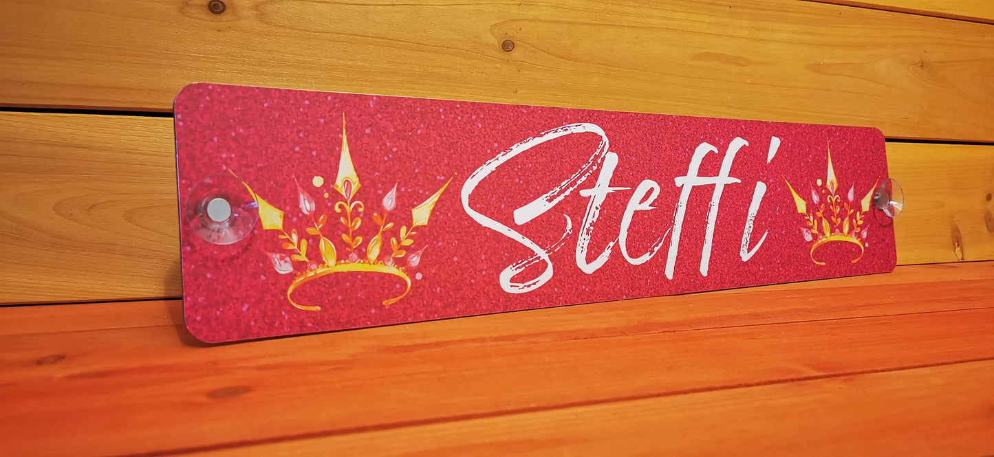 Custom LKW nameplate with 'Steffi' text, printed on 3mm Alu composite with crown design, mounted with screws and suction cups.