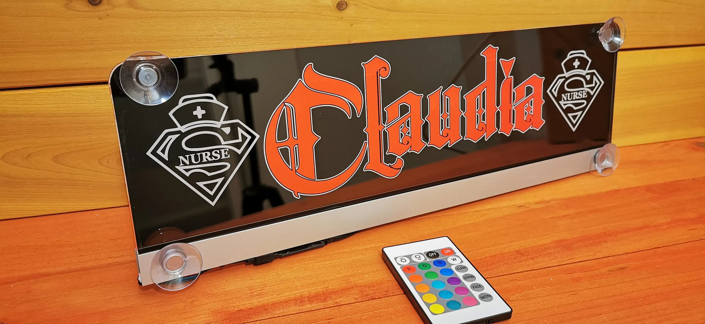 Illuminated LED nameplate for trucks with suction cups, featuring a remote and personalized design for decoration.
