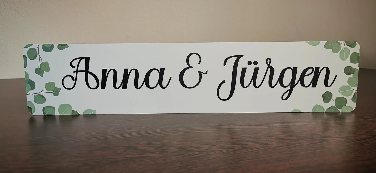 Personalized wedding car sign with names and leaf design on Alu-Dibond.