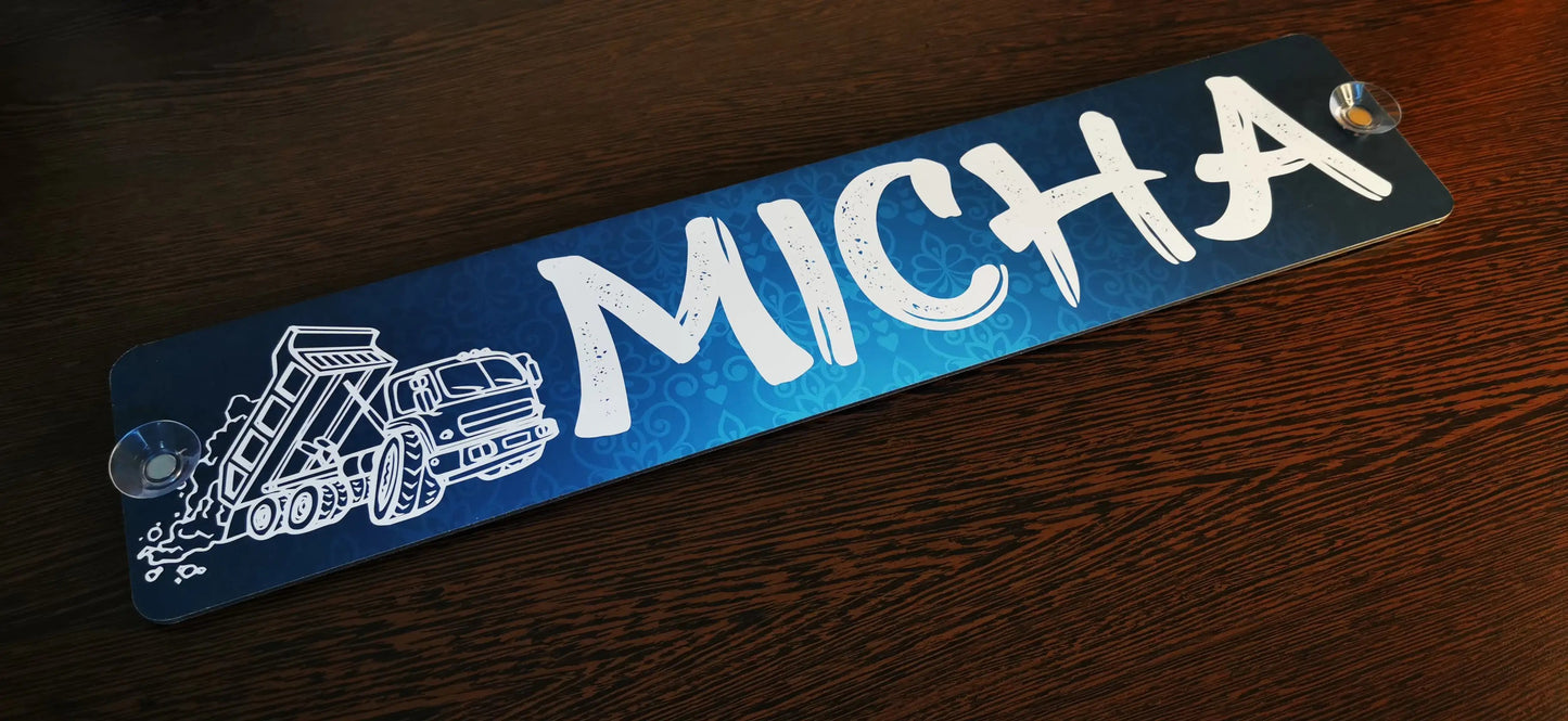 Personalized LKW truck nameplate with 'Micha' and custom design, featuring a robust aluminum composite plate and suction cups.