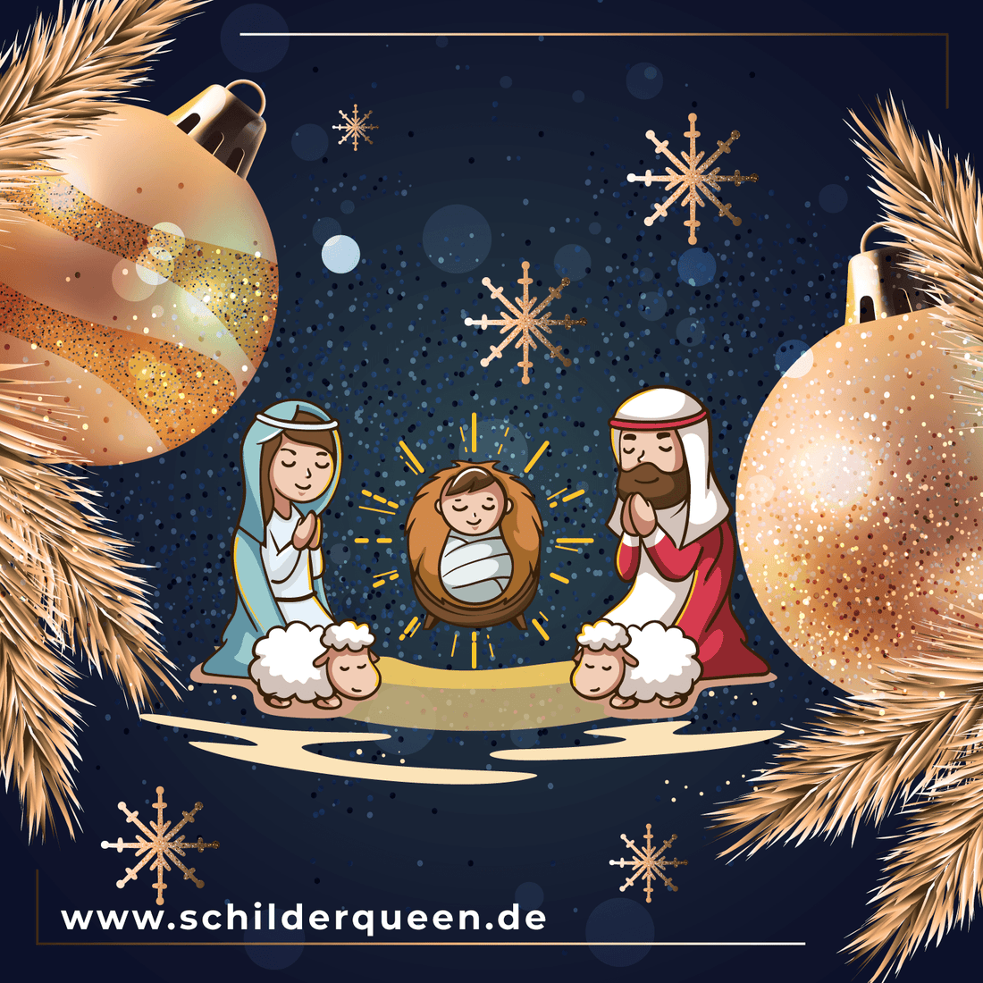 Weihnachtliche Illustration der Krippe mit Maria, Josef und dem Jesuskind, umgeben von Weihnachtsdekoration und goldenen Schneeflocken.