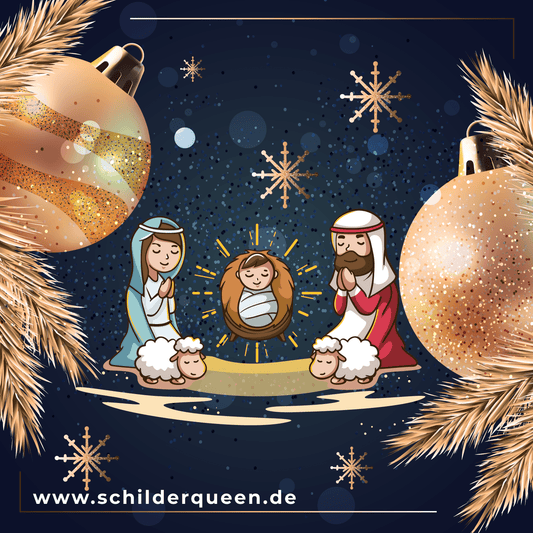 Weihnachtliche Illustration der Krippe mit Maria, Josef und dem Jesuskind, umgeben von Weihnachtsdekoration und goldenen Schneeflocken.