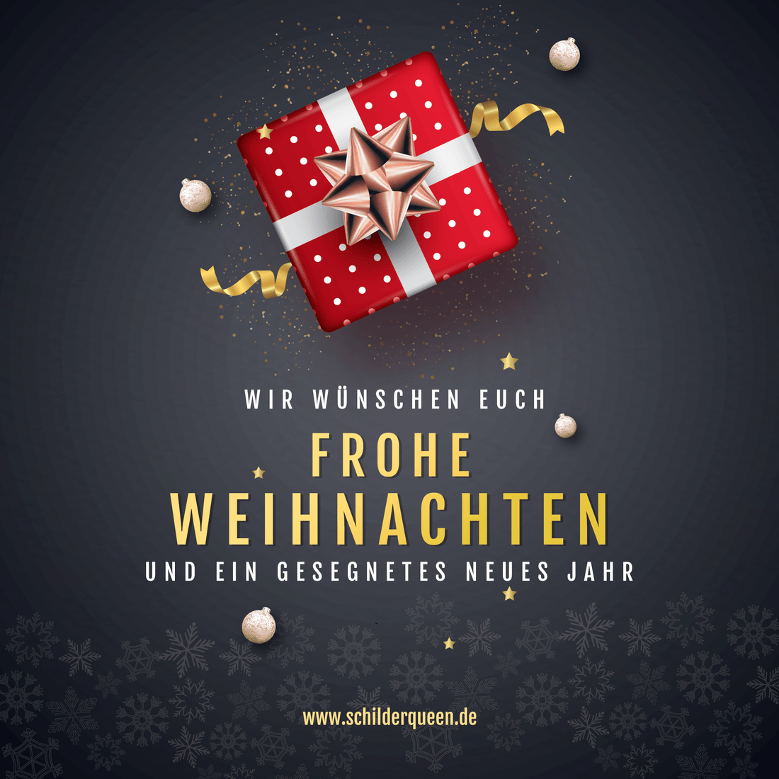 Festive greeting card with a red gift box, gold ribbon, and Christmas decorations, wishing 'Frohe Weihnachten und ein Gesegnetes Neues Jahr'.