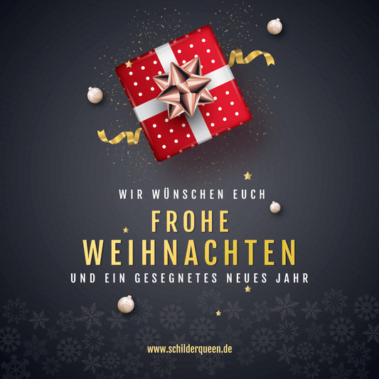 Festive greeting card with a red gift box, gold ribbon, and Christmas decorations, wishing 'Frohe Weihnachten und ein Gesegnetes Neues Jahr'.