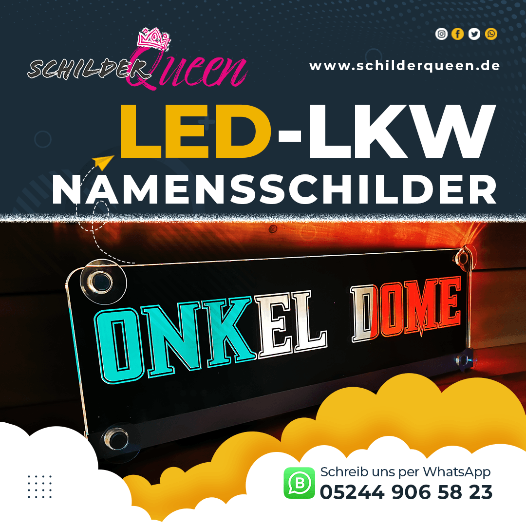 Beleuchtetes LKW Namensschild 'ONKEL DOME' von Schilderqueen.de mit LED-Technologie und WhatsApp-Kontakt für Bestellungen.