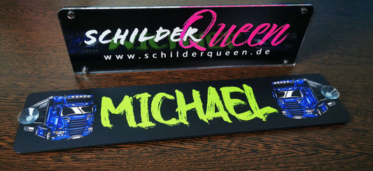 Custom truck driver nameplate with 'Michael' in neon green and truck graphics from Schilderqueen.