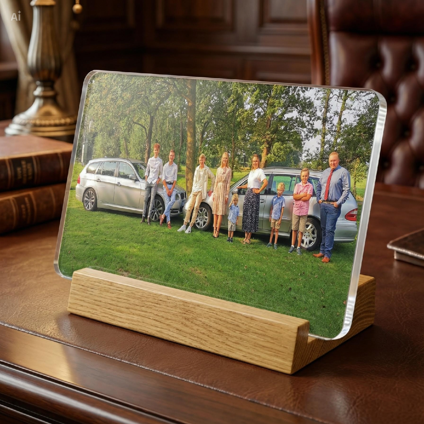 Acrylglas Tischaufsteller auf Holzoberfläche, ideal für klare Präsentation oder Dekoration, mit und ohne Beleuchtung wählbar.