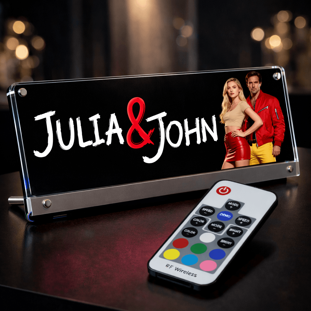 Acrylglas-Tischaufsteller mit deinem Text & Motiv und LED Beleuchtung