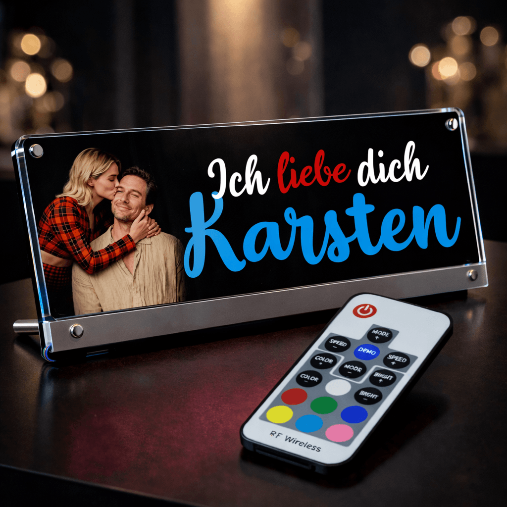 Acrylglas-Tischaufsteller mit deinem Text & Motiv und LED Beleuchtung
