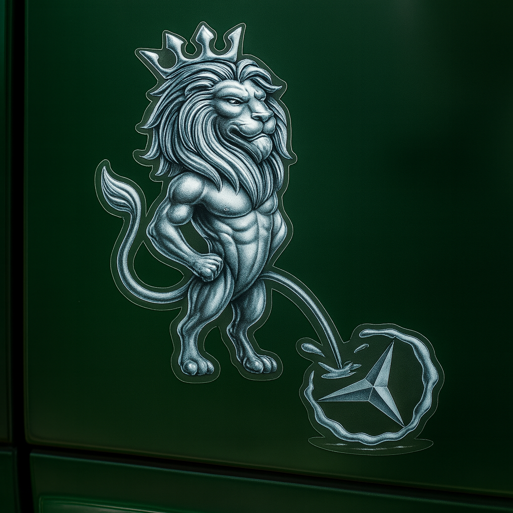 Aufkleber für LKW Fahrer "Löwe pinkelt auf einen Stern" Chrome/Silber Effekt