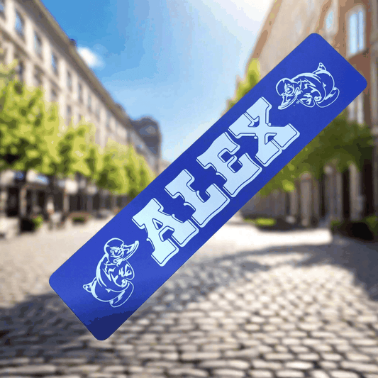 Blue LKW nameplate 'ALEX' with decorative elements, B-Ware on sale, printed on aluminum composite, with suction cups, 520x112 mm.