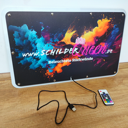 Illuminated back wall sign with vibrant LED lighting, includes USB cable and remote control, perfect for customizable designs.