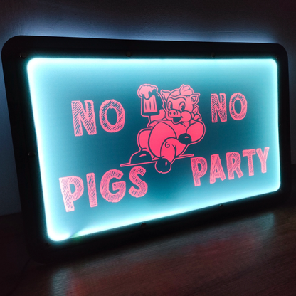 Illuminated sign with cartoon pig and text "NO PIGS NO PARTY" in vibrant pink and blue LED lights.