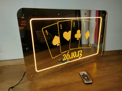LED illuminated wall sign with playing cards design, customizable text, USB powered, colorful mood lighting, reflective mirror finish.