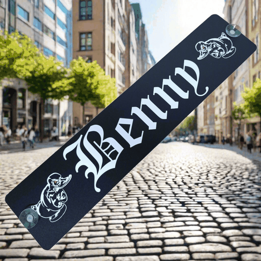 Discounted "Benny" nameplate with suction cups on aluminum composite, perfect for trucks, 520x112mm, with possible minor flaws.