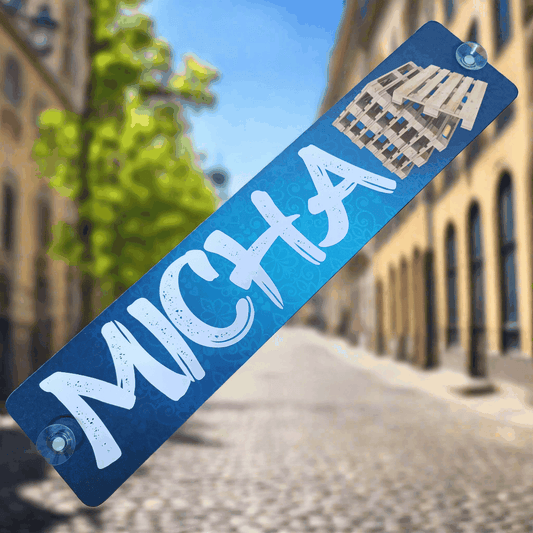 "LKW-Namensschild MICHA B-Ware mit Saugnäpfen, 520x112 mm, auf Alu-Verbundplatte, preisreduziert."