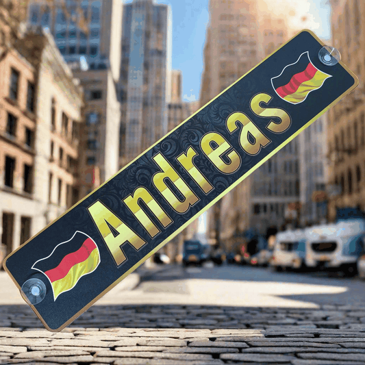 LKW-Namensschild "Andreas" mit deutschem Flaggenmotiv auf Alu-Verbundplatte, angeboten als B-Ware.