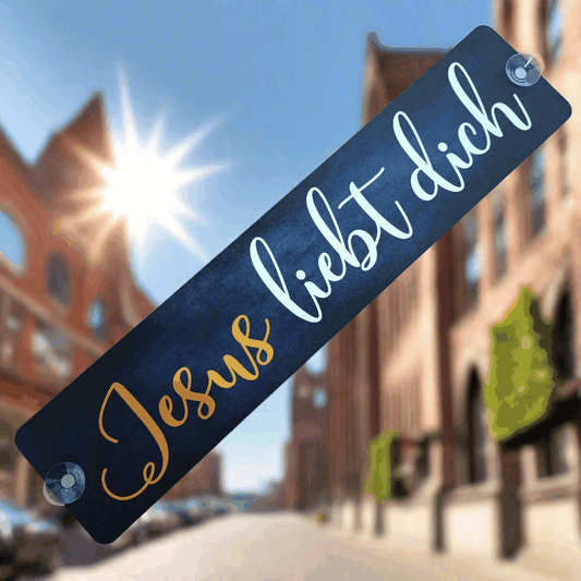 LKW-Namensschild 'Jesus liebt dich' als B-Ware, gedruckt auf 3mm Alu-Verbundplatte, ideal zur Befestigung mit Saugnäpfen.