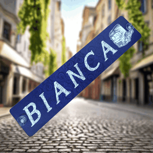 Blue LKW truck nameplate "BIANCA" with suction cups on a street backdrop, B-Stock discounted product.