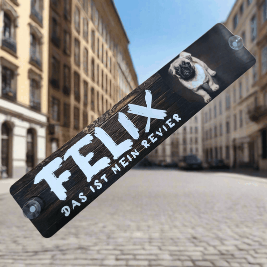 LKW-Namensschild "FELIX" mit Hundemotiv, Sonderpreis B-Ware, auf 3mm Alu-Verbundplatte, inkl. Saugnäpfe, 520x112 mm