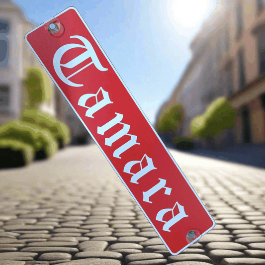 LKW-Namensschild 'Camara' in Rot mit gotischer Schrift, B-Ware aus Alu-Verbundplatte mit Saugnäpfen, Größe 520x112 mm, Sonderpreis