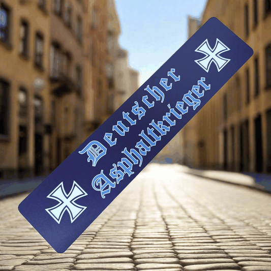 Blue LKW-Namensschild 'Deutscher Asphaltkrieger' with iron cross, discounted B-Ware, direct print on 3mm composite panel.