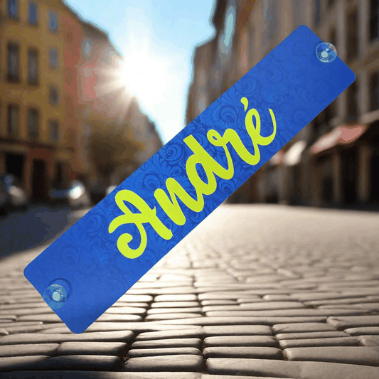 "Andre" nameplate on blue background with mounting suction cups, 3mm aluminum composite, reduced price, B-grade with minor flaws.