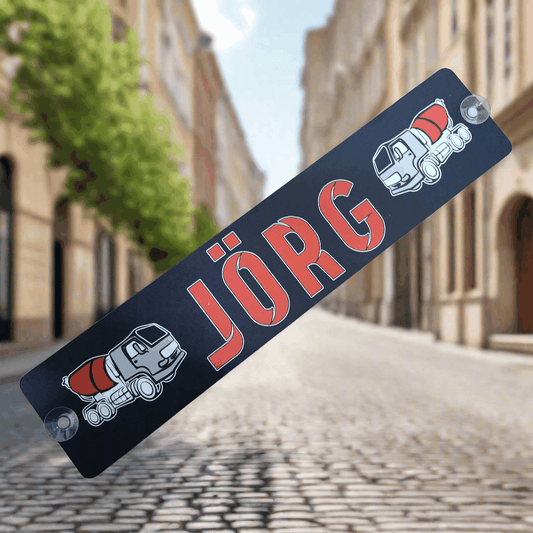 LKW-Namensschild JÖRG aus B-Ware, stark reduziert, 3mm Alu-Verbundplatte, mit Saugnäpfen, perfekt für Lastwagen, 520x112mm Größe.
