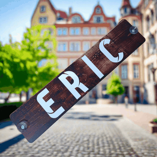 LKW-Namensschild "ERIC" aus B-Ware mit Saugnäpfen, 520x112 mm, vor Stadtansicht