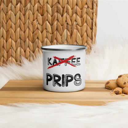 Stylish Prips enamel mug with crossed-out coffee text, placed on a wooden board beside cookies against a woven backdrop.