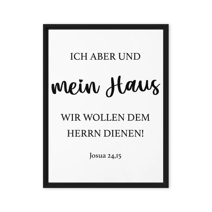 Gerahmte Leinwand mit Bibelvers Josua 24,15 "Ich aber und mein Haus, wir wollen dem HERRN dienen" in stilvollem Design.