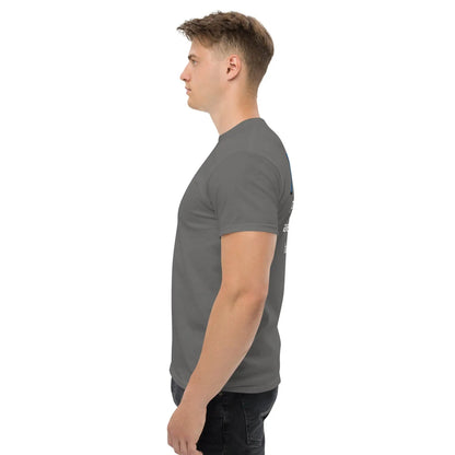 Side view of a model wearing a classic men's T-shirt in grey, perfect for a stylish layered look, made of 100% cotton.