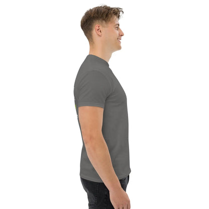 Man wearing a dark grey Klassisches Herren-T-Shirt for MÖBLER, showcasing side view and fit, made from 100% cotton.