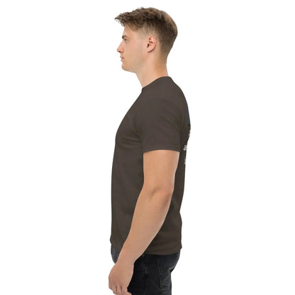 Side view of a man wearing a classic black men's T-shirt made from 100% cotton, showcasing a structured fit ideal for layering.