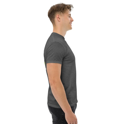 Side view of man wearing charcoal classic men's T-shirt, showcasing structured fit and breathable cotton material. Ideal for layered looks.