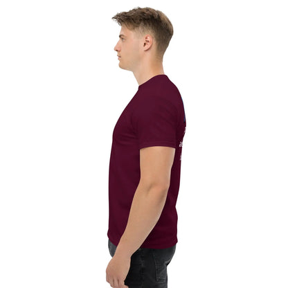 Side view of a man wearing a classic burgundy men's T-shirt made from 100% cotton, perfect for layering and trendy looks.