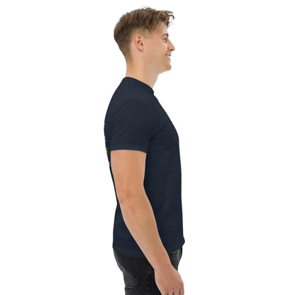 Side view of a man wearing a classic navy blue Herren T-Shirt made from 100% cotton, showing the structured fit ideal for layering.
