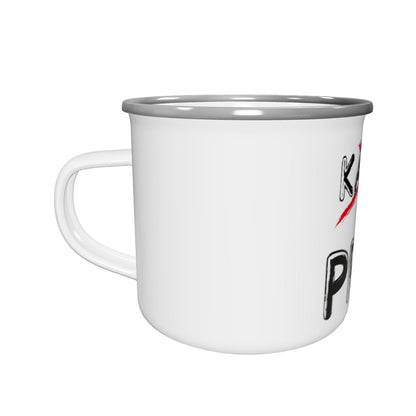White enamel PRIPS Tos mug with a partial view of bold text and red accents on the side, ideal for coffee or tea.