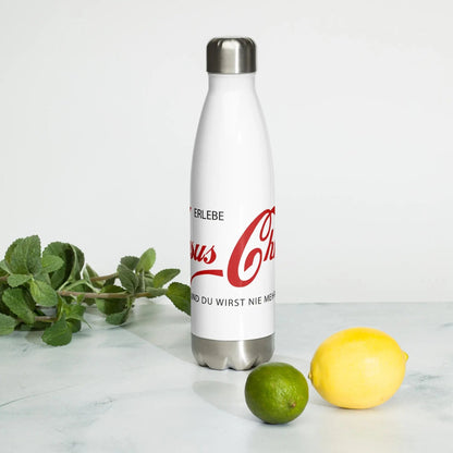 Edelstahl Trinkflasche mit Jesus Christus Zitat neben Limette und Zitrone, stilvoll und praktisch für tägliche Hydratation