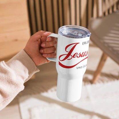 Hand holding a travel mug with 'Erlebe Jesus Christus' print, featuring a grip and spill-proof lid. Elegant and convenient design.