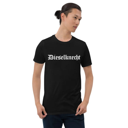 Model wearing Dieselknecht unisex T-shirt, black with white lettering, ideal for diesel engine enthusiasts, short sleeve casual style.