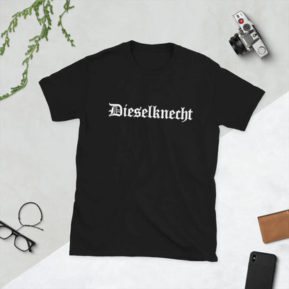Dieselknecht black unisex T-shirt with bold white text on a flat lay background