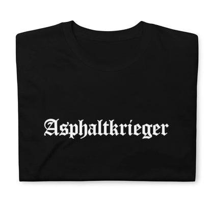 Kurzärmeliges Unisex-T-Shirt mit 'Asphaltkrieger' Motiv in schwarzer Farbe, ideal für langlebigen Komfort und Stil.