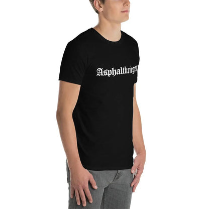 Unisex black T-shirt with 'Asphaltkrieger' design, showcasing durable double-stitched neck and sleeves on a soft cotton fabric.