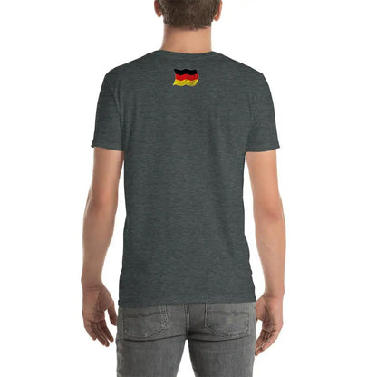 Back view of person wearing a short-sleeve unisex T-shirt with a small German flag design.
