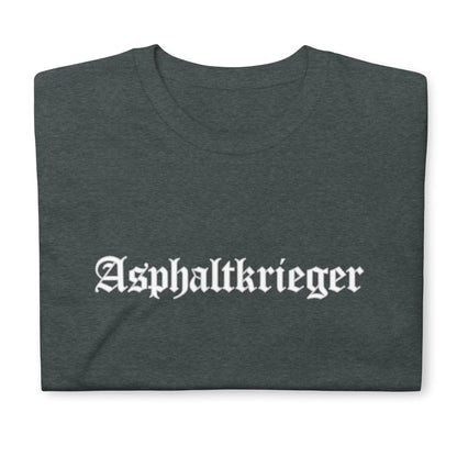 Kurzärmeliges Unisex-T-Shirt mit "Asphaltkrieger"-Motiv in Dunkelgrau, aus weicher, haltbarer ringgesponnener Baumwollmischung.