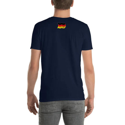 Back view of a man wearing a navy blue unisex T-shirt with a German flag design on the back, paired with grey jeans.