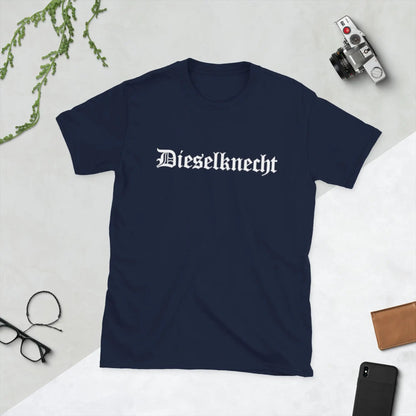 Dieselknecht short-sleeve unisex T-shirt laid out flat, featuring a bold white 'Dieselknecht' text design on a dark fabric.