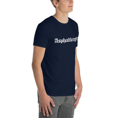Model wearing a short-sleeve unisex T-shirt with 'Asphaltkrieger' design, showcasing a durable and comfortable fit.